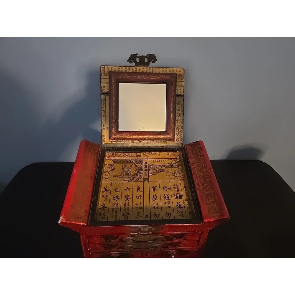 Old‎ Chinese Red lacquerware Wood Dragon Phoenix Flower Drawer Makeup Box